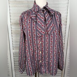 CAPE COD MATCH MATES Vintage 70's Tie Neck Blouse Floral/Stripe Pattern-M/L